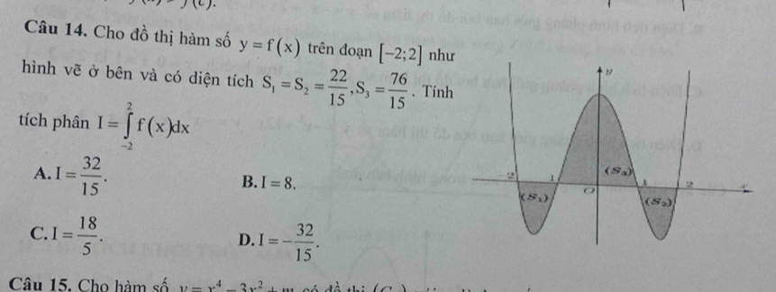 Cho đồ thị hàm số y=f(x) trên đoạn [-2;2] như
hình vẽ ở bên và có diện tích S_1=S_2= 22/15 ,S_3= 76/15 . Tính
tích phân I=∈tlimits _(-2)^2f(x)dx
A. I= 32/15 .
B. I=8.
C. I= 18/5 . I=- 32/15 .
D.
Câu 15. Cho hàm số y=x^4-3x^2+