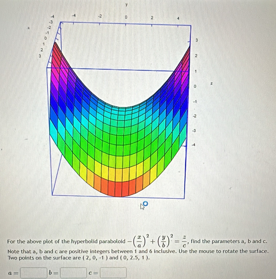 y
-4 -4 -2 。 2 4
-3
× -2
-1
。
3
1
2
3
2
1
0
z
-1
-2
-3
-4
For the above plot of the hyperbolid paraboloid -( x/a )^2+( y/b )^2= z/c  , find the parameters a, b and c. 
Note that a, b and c are positive integers between 1 and 6 inclusive. Use the mouse to rotate the surface. 
Two points on the surface are (2,0,-1) and (0,2.5,1).
a=□ b=□ c=□