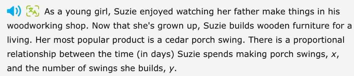 a As a young girl, Suzie enjoyed watching her father make things in his 
woodworking shop. Now that she's grown up, Suzie builds wooden furniture for a 
living. Her most popular product is a cedar porch swing. There is a proportional 
relationship between the time (in days) Suzie spends making porch swings, x, 
and the number of swings she builds, y.