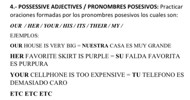 4.- POSSESSIVE ADJECTIVES / PRONOMBRES POSESIVOS: Practicar 
oraciones formadas por los pronombres posesivos los cuales son: 
OUR / HER / YOUR / HIS / ITS / THEIR / MY / 
EJEMPLOS: 
OUR HOUSE IS VERY BIG = NUESTRA CASA ES MUY GRANDE 
HER FAVORITE SKIRT IS PURPLE = SU FALDA FAVORITA 
ES PURPURA 
YOUR CELLPHONE IS TOO EXPENSIVE = TU TELEFONO ES 
DEMASIADO CARO 
ETC ETC ETC