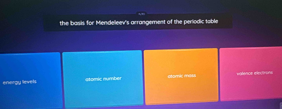 N/B>
the basis for Mendeleev's arrangement of the periodic table
energy levels atomic number atomic mass valence electrons