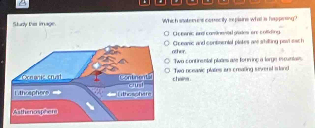 Study this image. Which statement correctly explains what is happening?
Oceanic and continental plates are colfiding.
Oceanic and continental plates are shifting past sach
other.
Two continental plates are forming a large mountain,
Two oceanic plates are creating several islarid
chains .