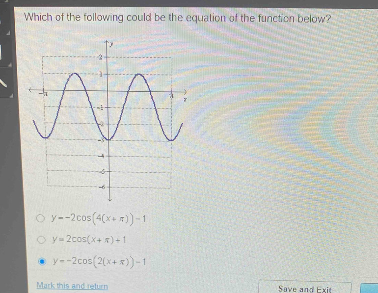 Which of the following could be the equation of the function below?
y=-2cos (4(x+π ))-1
y=2cos (x+π )+1
y=-2cos (2(x+π ))-1
Mark this and return Save and Exit