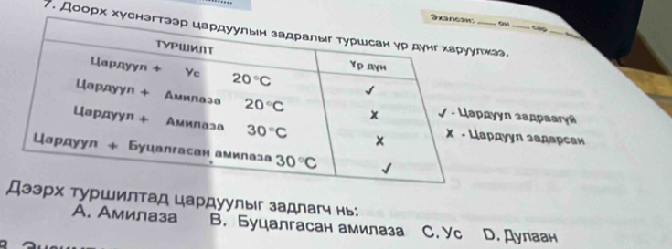 Доорэ。_
ул задрaary@
дуул задарсан
туршилтад цардуулыг задлагч нь:
A. Амилаза B. Буцалгасан амилаза C. Yc D. Дулаан