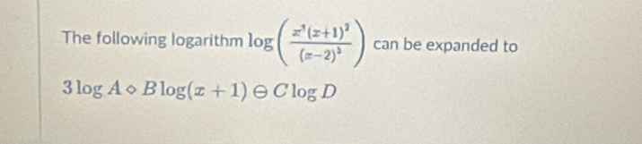 The following logarithm log (frac z^3(z+1)^3(z-2)^3) can be expanded to
3log Acirc Blog (x+1) 0 Clog D