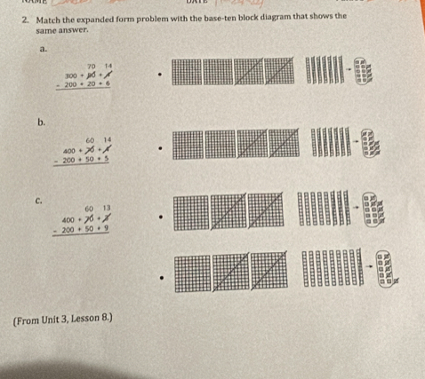 Match the expanded form problem with the base-ten block diagram that shows the
same answer.
a.
beginarrayr 7014 300+mu 0+phi ' -200+20+6 hline endarray
b.
beginarrayr 600+76+A' -200+50+5 hline endarray
c.
beginarrayr 6013 400+70+2 -200+50+9 hline endarray
(From Unit 3, Lesson 8.)