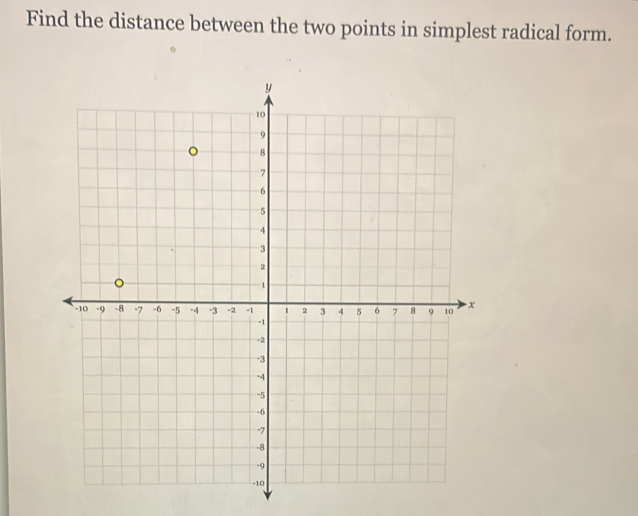 Find the distance between the two points in simplest radical form.