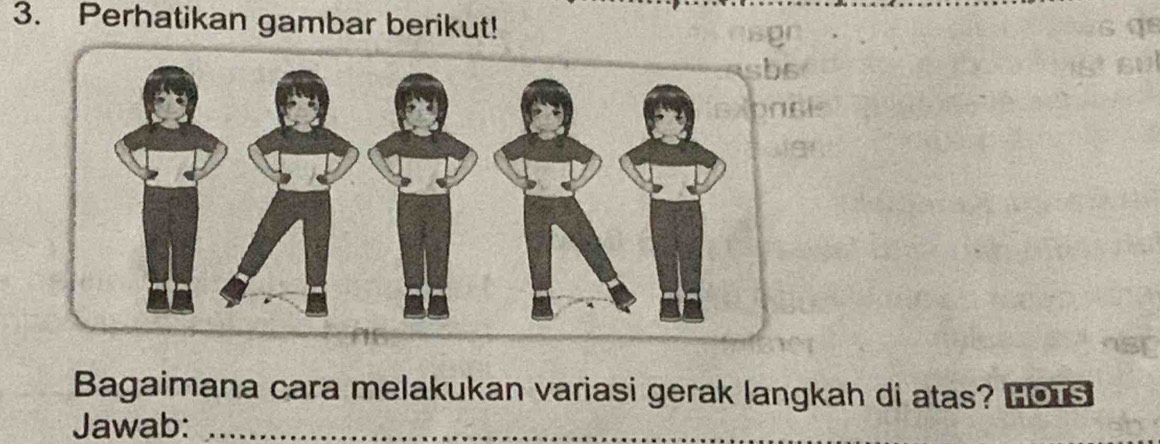 Perhatikan gambar berikut! 
Bagaimana cara melakukan variasi gerak langkah di atas? Los 
Jawab:_