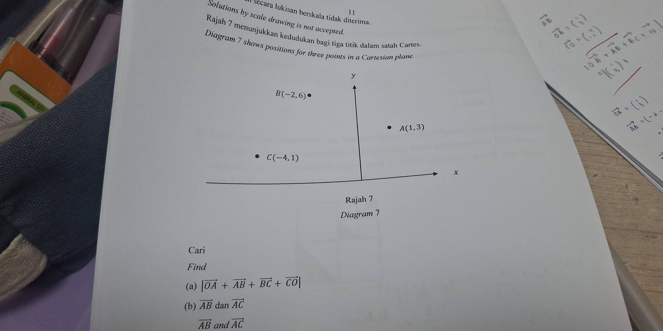 Secara lukisan berskala tidak diterima 
Solutions by scale drawing is not accepted 
Rajah 7 menunjukkan kedudukan bagi tiga titik dalam satah Cartes 
Diagram 7 shows positions for three points in a Cartesian plane
y
B(-2,6);
A
Abeginpmatrix 1,3endpmatrix
AB =(-2
C(-4,1)
x
Rajah 7 
Diagram 7 
Cari 
Find 
(a) |vector OA+vector AB+vector BC+vector CO|
(b) vector AB dar vector AC
vector AB and vector AC