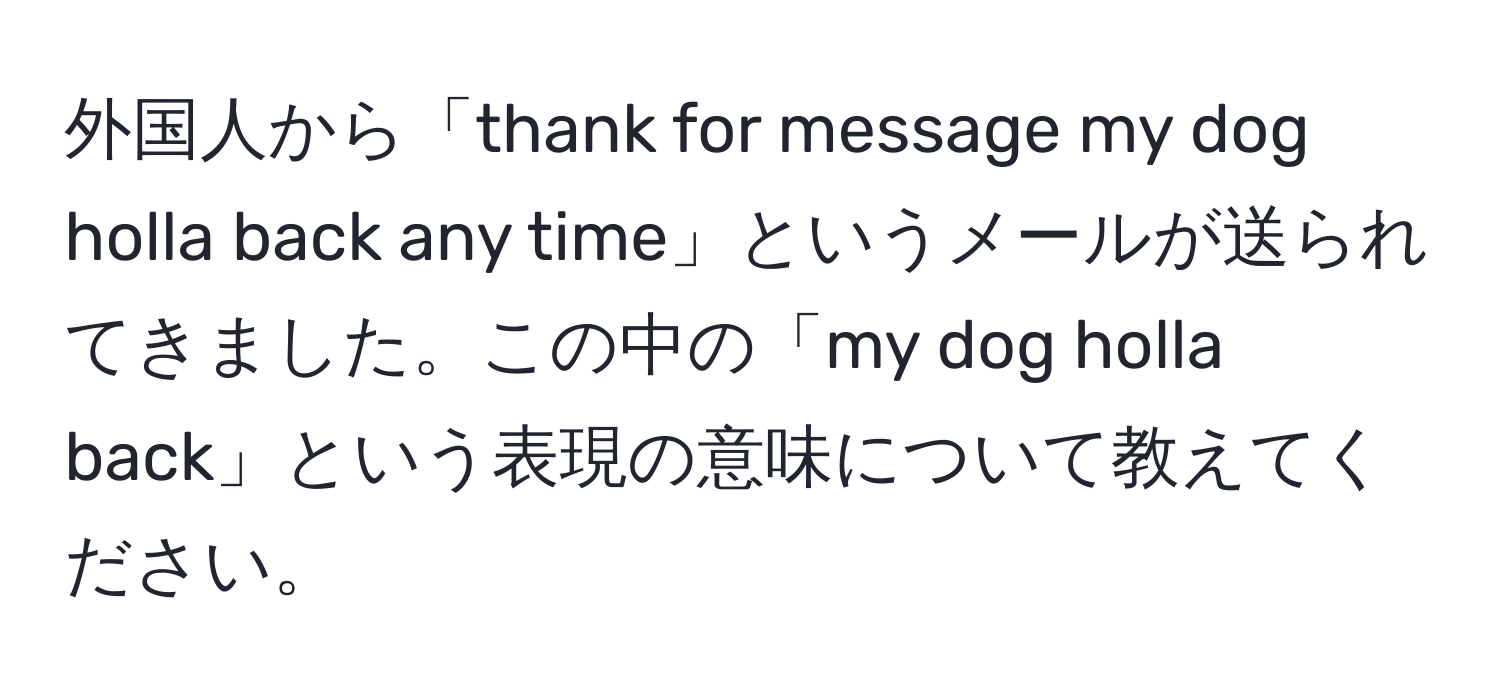 外国人から「thank for message my dog holla back any time」というメールが送られてきました。この中の「my dog holla back」という表現の意味について教えてください。