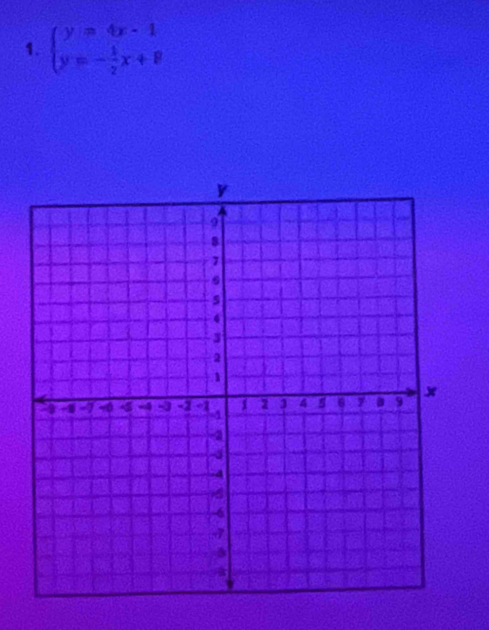 beginarrayl y=4x-1 y=- 1/2 x+8endarray.