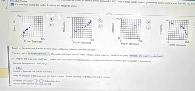 through (d) below scures for several movies produced in 2017. Both of these ratings systems give movies a score using a scale from 0 to 100. Con 
Click the icon to view the Rotten Tomatoes and Metacritic scores.
100
TUU 
. 
u 
` 
.
0
0 100 0 100 D 100
Rotten Tomatoes Rotten Tomatoes Rotten Tomatoes 
Based on the scatterplot, is there a strong linear relationship between these two variables? 
The association is linear and strong The scatterplot shows that as Rotten Tomatoes score increases, the Metacrtic score increases at a roughly consilant rate 
b. Compute the regression coefficient, r, and write the equation of the regression line. Use the words "Rotten Tomatoes' and 'Metacritic' in the equation. 
Compute the regression coefficient, r
r=0974°
(Round to three decimal places as needed ) 
Write the equation of the regression line. Use the words 'Rotten Tomatoes'' and 'Metacritic' in the equation.
□ +□ Rotten Tomatoes 
Predicted Metacritic = (Round to two decimal places as needed.)