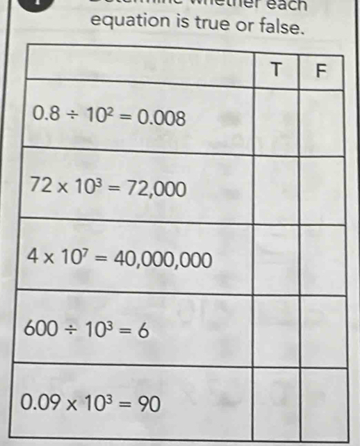 nether each
equation is true or false.