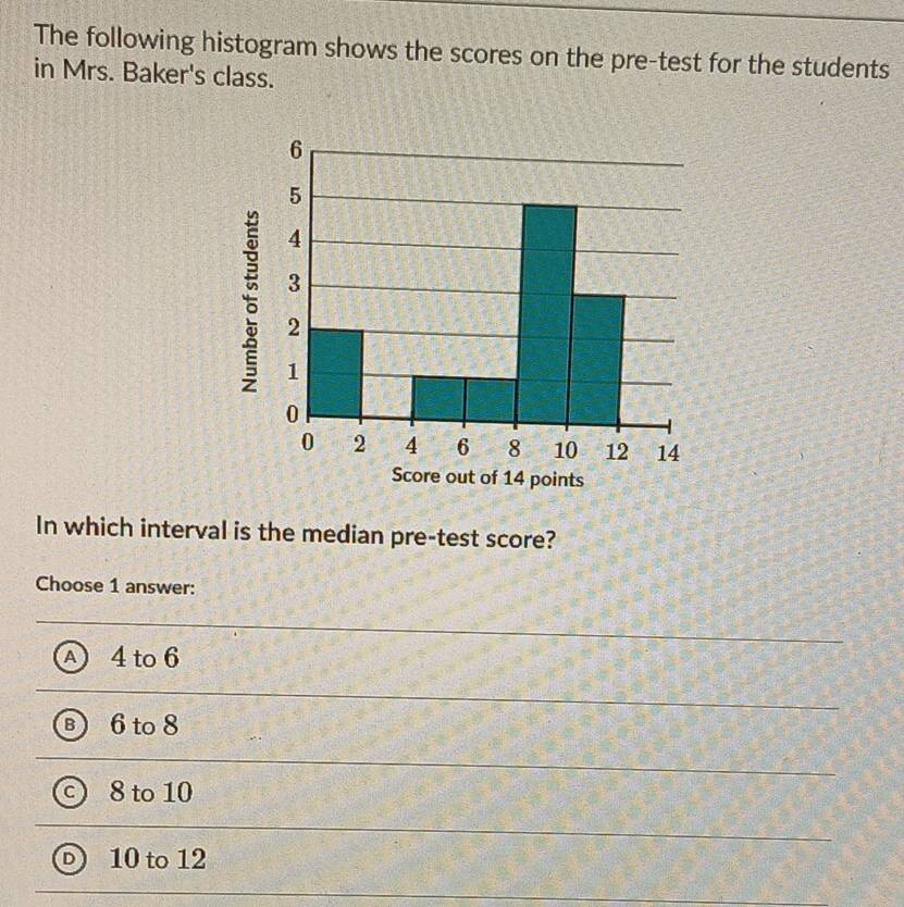 The following histogram shows the scores on the pre-test for the students
in Mrs. Baker's class.
In which interval is the median pre-test score?
Choose 1 answer:
A 4 to 6
B 6 to 8
c 8 to 10
D 10 to 12