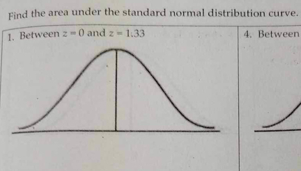 Find the area under the standard normal distribution curve. 
1. Between z=0 and z=1:33 4. Between