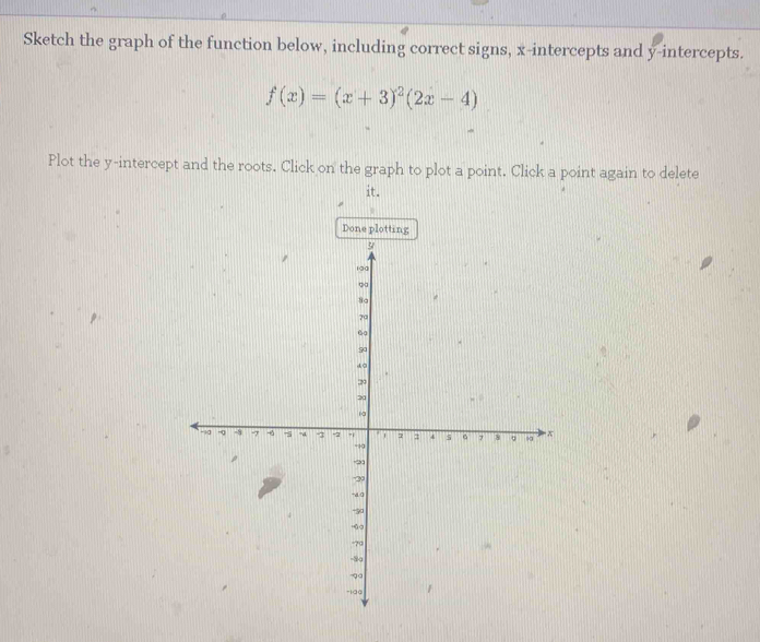 Sketch the graph of the function below, including correct signs, x-intercepts and y-intercepts.
f(x)=(x+3)^2(2x-4)
Plot the y-intercept and the roots. Click on the graph to plot a point. Click a point again to delete