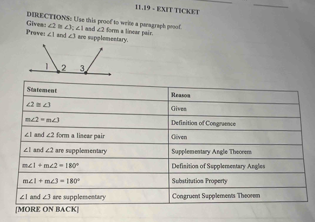 11.19 - EXIT TICKET
_
DIRECTIONS: Use this proof to write a paragraph proof.
Given: ∠ 2≌ ∠ 3;∠ 1 and ∠ 2 form a linear pair.
Prove: ∠ 1 and ∠ 3 are supplementary.