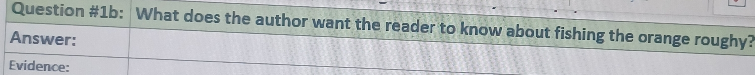 Question #1b: What does the author want the reader to know about fishing the orange roughy? 
Answer: 
Evidence: