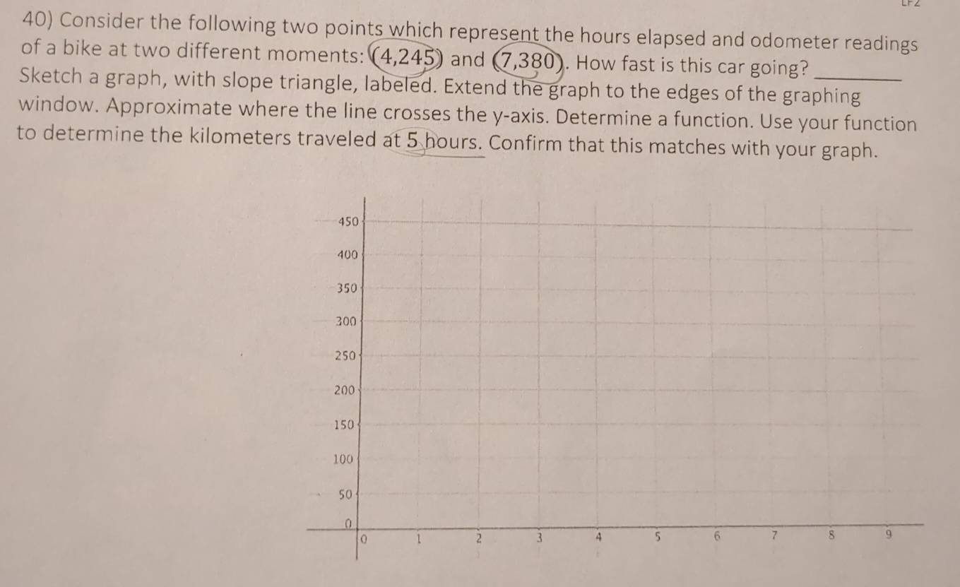 Consider the following two points which represent the hours elapsed and odometer readings 
of a bike at two different moments: (4,245) and (7,380). How fast is this car going? 
Sketch a graph, with slope triangle, labeled. Extend the graph to the edges of the graphing 
window. Approximate where the line crosses the y-axis. Determine a function. Use your function 
to determine the kilometers traveled at 5 hours. Confirm that this matches with your graph.