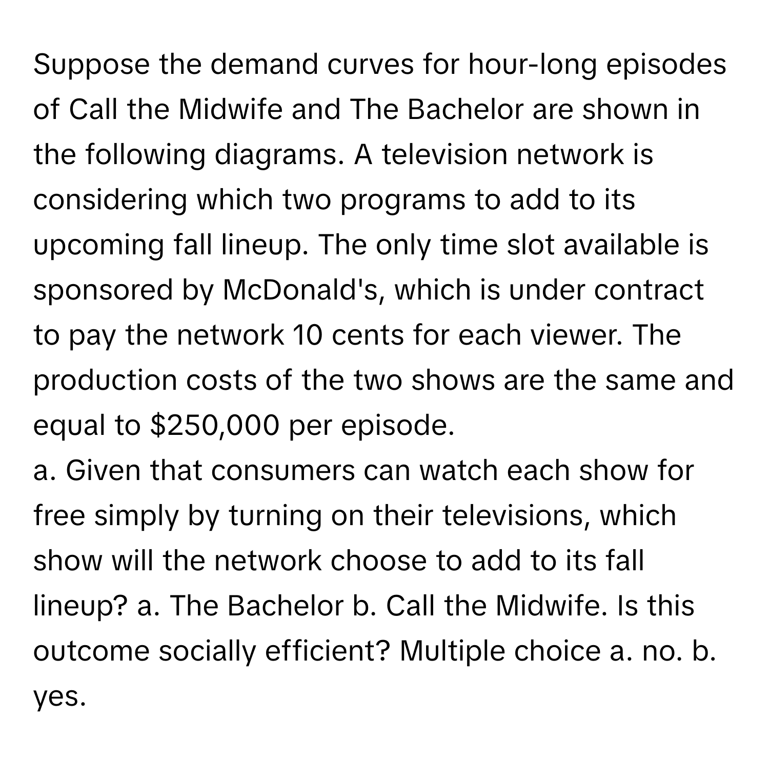 Suppose the demand curves for hour-long episodes of Call the Midwife and The Bachelor are shown in the following diagrams. A television network is considering which two programs to add to its upcoming fall lineup. The only time slot available is sponsored by McDonald's, which is under contract to pay the network 10 cents for each viewer. The production costs of the two shows are the same and equal to $250,000 per episode.

a. Given that consumers can watch each show for free simply by turning on their televisions, which show will the network choose to add to its fall lineup? a. The Bachelor b. Call the Midwife. Is this outcome socially efficient? Multiple choice a. no. b. yes.