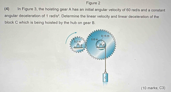 Figure 2 
(4) In Figure 3, the hoisting gear A has an initial angular velocity of 60 rad/s and a constant 
angular deceleration of 1rad/s^2. Determine the linear velocity and linear deceleration of the 
block C which is being hoisted by the hub on gear B. 
(10 marks; C3)