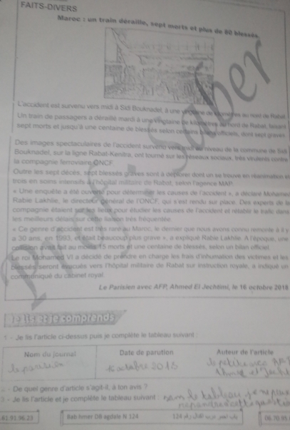 FAITS-DIVERS
Maroc : un train déraille, sept morts et plus de 80 blessés
L'accident est survenu vers midi à Sidi Bouknadel, à une prgtane de domères au rest de Rabet
Un train de passagers a déraillé mardi à une Vingtaine de kilomètres au hord de Rabat, faiant
sept morts et jusqu'à une centaine de blessés selon certains bians officiels, dent sept gravés
Des images spectaculaires de l'accident survenu vers idl eu niveau de la commune de t48
Bouknadel, sur la ligne Rabat-Kenitra, ont tourné sur les réseaux sociaux, très vivlents contre
la compagnie ferroviaire QNCF
Outre les sept décès, sept blessés grives sont à déplorer dont un se treuve en réanmation et
trois en soins intensifs à l'hôpital militaire de Rabat, selon l'agence MAP
« Une enquête a été ouverté pour déterminer les causes de l'accident », a déclaré Mohames
Rabie Lakhlie, le directeur général de l'ONCF, qui s'est rendu sur place. Des experts de la
compagnie étaient sur les lietx pour étudier les causes de l'accident et rétablr le trafc dans
les meilleurs délais sur cette lialson très fréquentée
. Ce genre d'accident est très rare au Maroc, le dernier que nous avons connu remonte à il y
a 30 ans, en 1993, et était béaucoup plus grave », a expliqué Rabie Lakhlie. À l'époque, une
collision avait fait au moins 15 morts et une centaine de blessés, selon un bilan efficiel
Le roi Mohamed VI a décidé de préndre en charge les frais d'inhumation des victimes et les
blessés seront évacués vers l'hôpital militaire de Rabat sur instruction royale, a indiqué un
communiqué du cabinet royal.
Le Parisien avec AFP, Ahmed El Jechtimi, le 16 octobre 2018
* - Je lis l'article ci-dessus puis je complète le tableau suivant
Nom du journal Date de parution Auteur de l'article
< - De quel genre d'article s'agit-il, à ton avis ?
3 - Je lis l'article et je complète le tableau suivant :
61.91.96.23 Bab hmer DB agdale N 124 124 06.70.9S