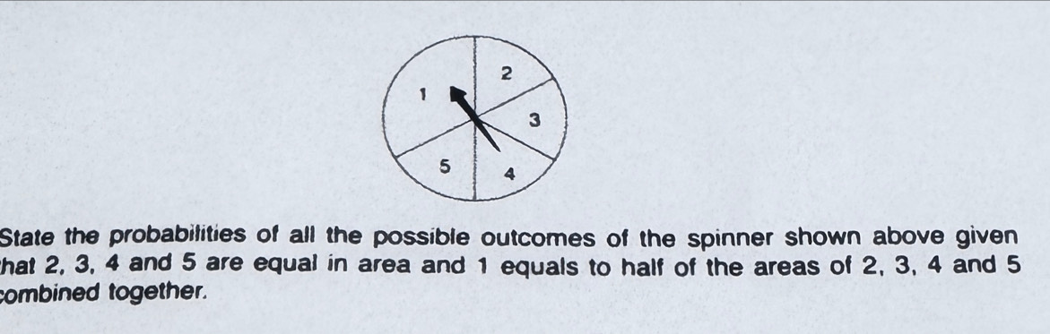 State the probabilities of all the possible outcomes of the spinner shown above given 
that 2, 3, 4 and 5 are equal in area and 1 equals to half of the areas of 2, 3, 4 and 5
combined together.