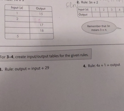 Rule: 3n+2

Remember that 3n
means 3* t
For 3-4, create input/output tables for the given rules. 
3. Rule: output = input + 29 4. Rule: 4x+1= output