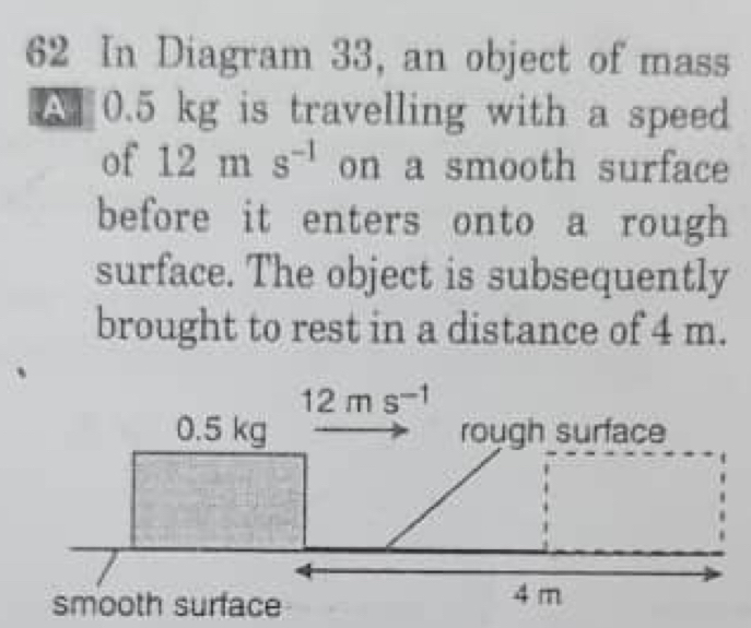 In Diagram 33, an object of mass 
A 0.5 kg is travelling with a speed 
of 12ms^(-1) on a smooth surface 
before it enters onto a rough 
surface. The object is subsequently 
brought to rest in a distance of 4 m.
12ms^(-1)
0.5 kg rough surface 
smooth surface 4 m