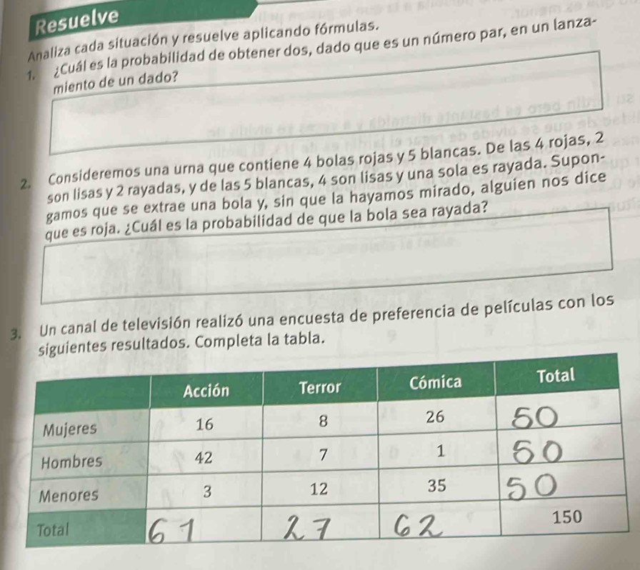 Resuelve 
Analiza cada situación y resuelve aplicando fórmulas. 
1. ¿Cuál es la probabilidad de obtener dos, dado que es un número par, en un lanza- 
miento de un dado? 
2. Consideremos una urna que contiene 4 bolas rojas y 5 blancas. De las 4 rojas, 2
son lisas y 2 rayadas, y de las 5 blancas, 4 son lisas y una sola es rayada. Supon- 
gamos que se extrae una bola y, sin que la hayamos mirado, alguien nos dice 
que es roja. ¿Cuál es la probabilidad de que la bola sea rayada? 
3. Un canal de televisión realizó una encuesta de preferencia de películas con los 
ientes resultados. Completa la tabla.