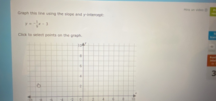 Mira un video ⑥ P 
Graph this line using the slope and y-intercept:
y=- 1/9 x-3
Click to select points on the graph. tran 
Pun 
inte
3
-B -6 -4 -2 0 2 4 6 8 10