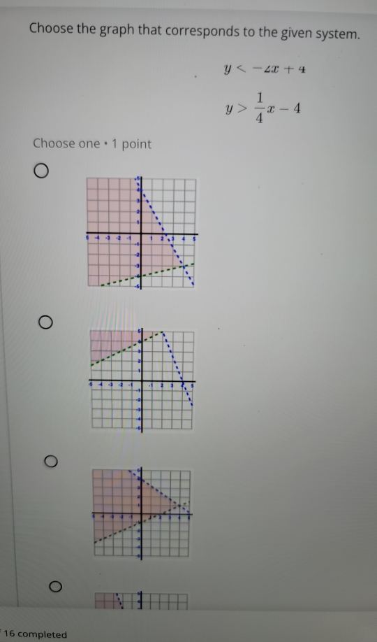 Choose the graph that corresponds to the given system.
y<-∠ x+4
y> 1/4 x-4
Choose one • 1 point
16 completed