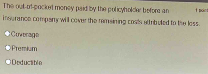 The out-of-pocket money paid by the policyholder before an 1 point
insurance company will cover the remaining costs attributed to the loss.
Coverage
Premium
Deductible