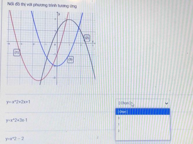 Nối đồ thị với phương trình tương ứng
y=-x^(wedge)2+2x+1
[ Chọn ]
[chon]
y=x^(wedge)2+3x-1
3
1
2
y=x^(wedge)2-2