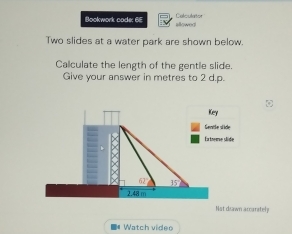 Calculator
Bookwork code: 6E allowed
Two slides at a water park are shown below.
Calculate the length of the gentle slide.
Give your answer in metres to 2 d.p.
Not dsawn accarately
#Watch video