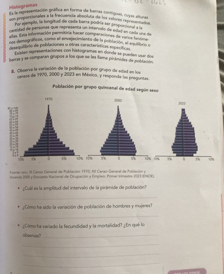 Histogramas 
Es la representación gráfica en forma de barras contiguas, cuyas alturas 
son proporcionales a la frecuencia absoluta de los valores representados. 
Por ejemplo, la longitud de cada barra podría ser proporcional a la 
cantidad de personas que representa un intervalo de edad en cada una de 
ellas. Esta información permitiría hacer comparaciones de varios fenóme- 
nos demográficos, como el envejecimiento de la población, el equilibrio o 
desequilibrio de poblaciones u otras características específicas. 
Existen representaciones con histogramas en donde se pueden usar dos 
barras y se comparan grupos a los que se les llama pirámides de población. 
8. Observa la variación de la población por grupo de edad en los 
censos de 1970, 2000 y 2023 en México, y responde las preguntas. 
Población por grupo quincenal de edad según sexo 
Fuente: ινεgι, IX Censo General de Población 1970; XII Censo General de Población y 
Vivienda 2000 y Encuesta Nacional de Ocupación y Empleo. Primer trimestre 2023 (ENOE). 
¿Cuál es la amplitud del intervalo de la pirámide de población? 
_ 
¿Cómo ha sido la variación de población de hombres y mujeres? 
_ 
¿Cómo ha variado la fecundidad y la mortalidad? ¿En qué lo 
observas?_ 
_ 
_ 
_