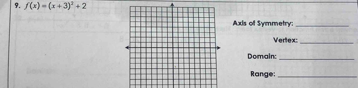 f(x)=(x+3)^2+2
Axis of Symmetry:_ 
Vertex:_ 
Domain:_ 
Range:_