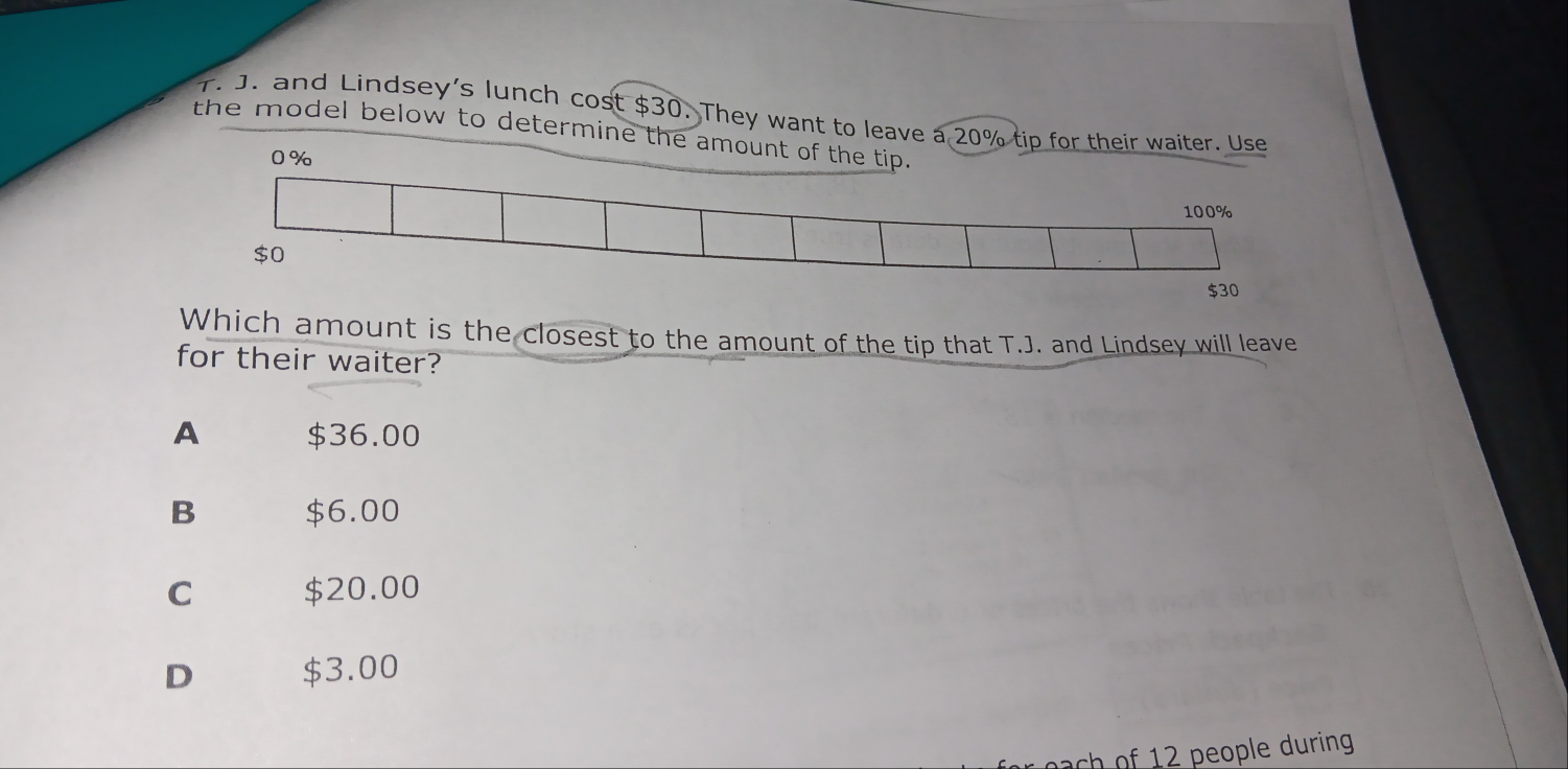 and Lindsey's lunch cost $30. They want to leave a 20% tip for their waiter. Use
the model below to determine the amount of th
Which amount is the closest to the amount of the tip that T.J. and Lindsey will leave
for their waiter?
A $36.00
B $6.00
C $20.00
D $3.00
ch of 12 people during