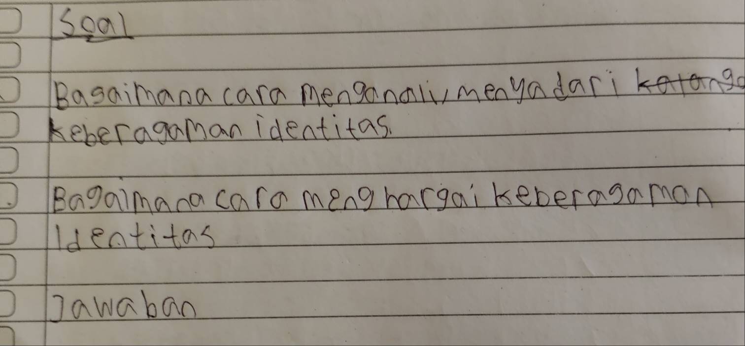 Seal 
Basaimana cara menganal,menyadari 
keberagaman identitas. 
Bagaimana caro meng hargai keberagamon 
Identitas 
Dawaban