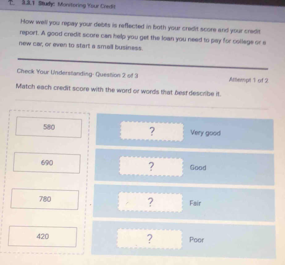 Study: Monitoring Your Credit 
How well you repay your debts is reflected in both your credit score and your credit 
report. A good credit score can help you get the loan you need to pay for college or a 
new car, or even to start a small business. 
Check Your Understanding- Question 2 of 3 Attempt 1 of 2 
Match each credit score with the word or words that best describe it. 
?
580 Very good
690
? 
Good 
?
780 Fair 
?
420 Poor