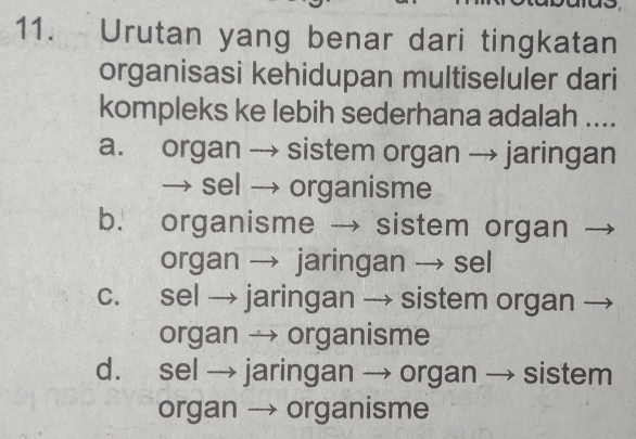 Urutan yang benar dari tingkatan
organisasi kehidupan multiseluler dari
kompleks ke lebih sederhana adalah ....
a. organ → sistem organ → jaringan
→ sel → organisme
b. organisme → sistem organ
organ → jaringan → sel
c. sel → jaringan → sistem organ
organ → organisme
d. sel → jaringan → organ → sistem
organ → organisme