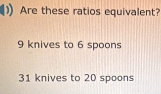 Are these ratios equivalent?
9 knives to 6 spoons
31 knives to 20 spoons