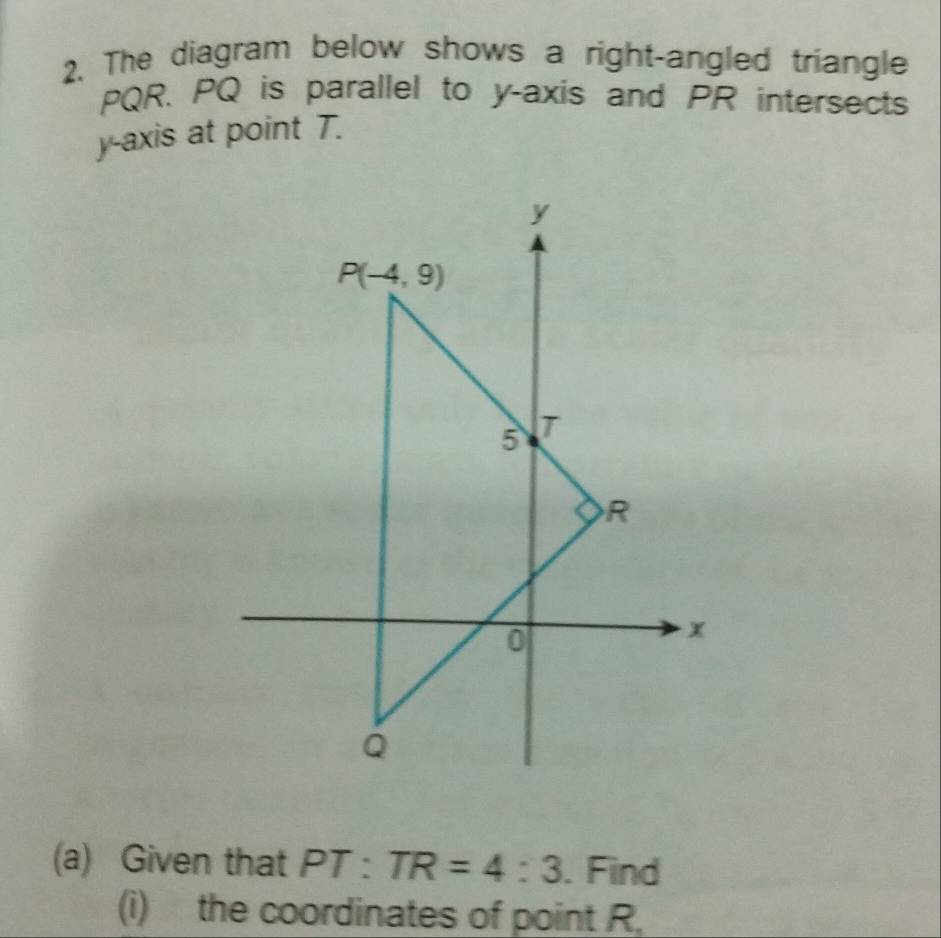 The diagram below shows a right-angled triangle
PQR、 PQ is parallel to y-axis and PR intersects
y-axis at point T.
(a) Given that PT:TR=4:3. Find
(i) the coordinates of point R.