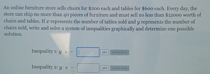 An online furniture store sells chairs for $200 each and tables for $600 each. Every day, the 
store can ship no more than 40 pieces of furniture and must sell no less than $12000 worth of 
chairs and tables. If x represents the number of tables sold and y represents the number of 
chairs sold, write and solve a system of inequalities graphically and determine one possible 
solution. 
Inequality 1: :y≥ vee □ plot switch shade 
Inequality 2:1 y≥ ∽ □ plot srítch shade