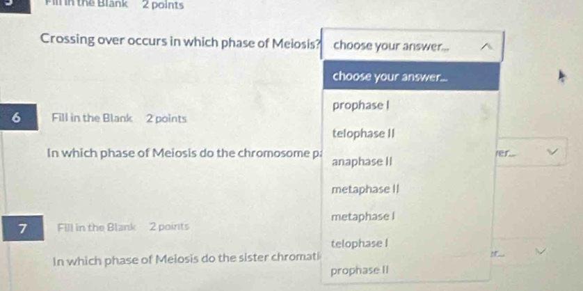 Fill in the Blank 2 points
Crossing over occurs in which phase of Meiosis? choose your answer..
choose your answer...
prophase !
6 Fill in the Blank 2 points
telophase II
In which phase of Meiosis do the chromosome p anaphase II fer_
metaphase II
metaphase I
7 Fill in the Blank 2 poirts
telophase I
In which phase of Meiosis do the sister chromati
prophase. II