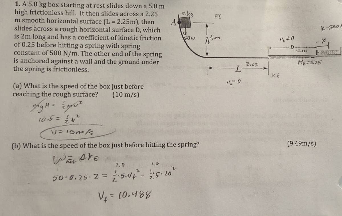 A 5.0 kg box starting at rest slides down a 5.0 m
high frictionless hill. It then slides across a 2.25
m smooth horizontal surface (L=2.25m) , then 
slides across a rough horizontal surface D, which
is 2m long and has a coefficient of kinetic friction
of 0.25 before hitting a spring with spring
constant of 500 N/m. The other end of the sprin
is anchored against a wall and the ground under
the spring is frictionless.
(a) What is the speed of the box just before
reaching the rough surface? (10 m/s)
(b) What is the speed of the box just before hitting the spring? (9.49m/s)
2.5