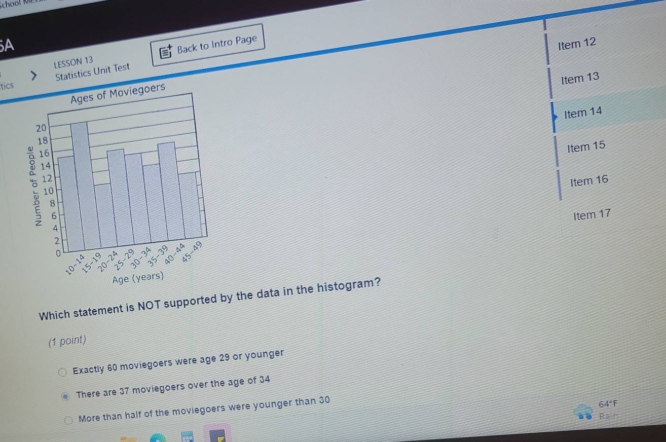 School Mes
5A
LESSON 13 Back to Intro Page
Item 12
tics Statistics Unit Test
Item 13
Item 14
Item 15
Item 16
Item 17
Which statement is NOT supported by the data in the histogram?
(1 point)
Exactly 60 moviegoers were age 29 or younger
There are 37 moviegoers over the age of 34
More than half of the moviegoers were younger than 30
64°F