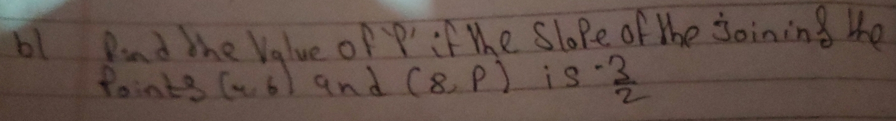 b1 Dnd the Value oP P if te Slope of the joining the 
Points (4,6) and (8,p) is  (-3)/2 