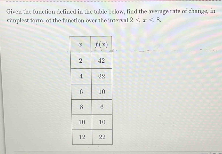 Given the function defined in the table below, find the average rate of change, in
simplest form, of the function over the interval 2≤ x≤ 8.