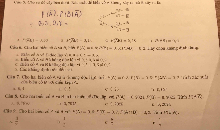 Cho sơ đồ cây bên dưới. Xác suất để biến cố A không xảy ra mà B xảy ra là:
0.6_ B
A
0,3 0.4 overline B
0,8 B
0,7 A overline B
0,2
A. P(overline AB)=0,56 B. P(overline AB)=0,14 C. P(overline AB)=0,18 D. P(overline AB)=0,6
Câu 6. Cho hai biến cố A và B, biết P(A)=0,5;P(B)=0,3;P(AB)=0,2. Hãy chọn khẳng định đúng.
A Biến cố A và B độc lập vì 0,3+0,2=0,5.
B. Biến cố A và B không độc lập vì 0, 5.0,3!= 0,2.
c. Biến cố A và B không độc lập vì 0,5+0,3!= 0,2.
D. Các khẳng định trên đều sai.
Câu 7. Cho hai biến cố A và B (không độc lập), biết P(A)=0,8;P(B)=0,5;P(AB)=0,2. Tính xác suất
của biến cố B với điều kiện A.
A. 0, 4 B. 0,5 c. 0,25 d. 0,625
Câu 8. Cho hai biến cố A và B là hai biến cố độc lập, với P(A)=0,2024;P(B)=0,2025. Tính P(B|overline A).
A. 0, 7976 B. 0, 7975 c. 0,2025 d. 0, 2024
Câu 9. Cho hai biến cố A và B với P(A)=0,6;P(B)=0,7;P(A∩ B)=0,3. Tính P(overline B|A).
A.  3/7   1/2  C.  6/7  D.  1/7 
B.